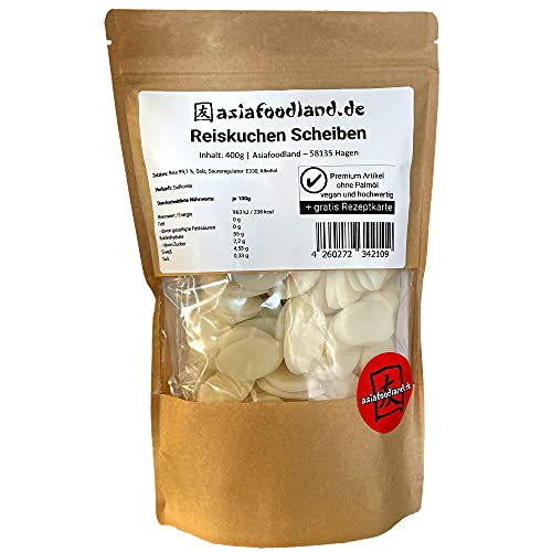 asiafoodland - Reiskuchen Scheiben natur - Reis Slice - Rice Cake Slices - Glutenfrei - für z.B. Tteokguk / Chao Nian Gao - mit Rezept Karte, 1er Pack (1 x 400g) von asiafoodland.de