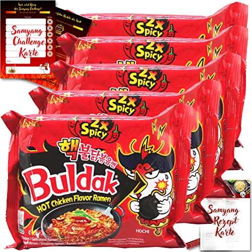 asiafoodland - Samyang Buldak Ramen Set - 2 x Spicy - Doppelt scharfe Feuerhuhn Nudeln aus Südkorea - mit Challenge- u. Rezeptkarte, 5er Pack (5 x 140g) von asiafoodland.de