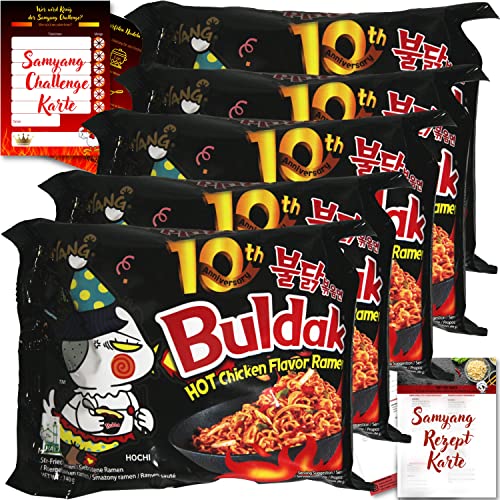 asiafoodland - Samyang Buldak Ramen Set - Original - Feuerhuhn Nudeln aus Südkorea - mit Challenge-, u. Rezeptkarte, 5er Pack (5 x 140g) von asiafoodland.de