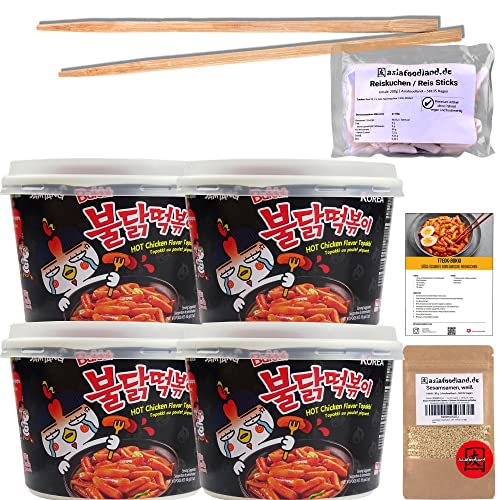 asiafoodland - Samyang Ramen Spicy Hot Chicken Reiskuchen - Tteokbokki Set - 4 x Samyang Tobokki (185g) / 1 x Rice Sticks (200g) / + Sesam (30g) + 4 Paar Essstäbchen + Rezeptkarte, 1er Pack (1 x 970g) von asiafoodland.de