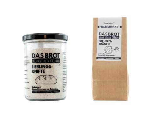 brotstoff - Probierset - LIEBLINGSKNIFTE & BIO-FREUDENTRÄNEN - DAS BROT AUS DEM GLAS, Brotbackmischung im Glas & Probierset von b. brotstoff.