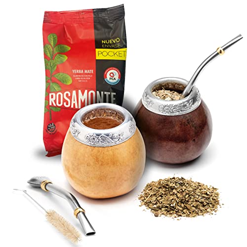 BALIBETOV Set mit 2 Yerba Mate Gourd und 1 Packung mit 100g Yerba Mate – Yerba Mate Cup Argentinien – 2 Mate Tassen, 2 Bombilla, 1 Reinigungsbürste, 1 lose Yerba Mate Tasche (BRAUNEE - NATÜRLICHE) von balibetov