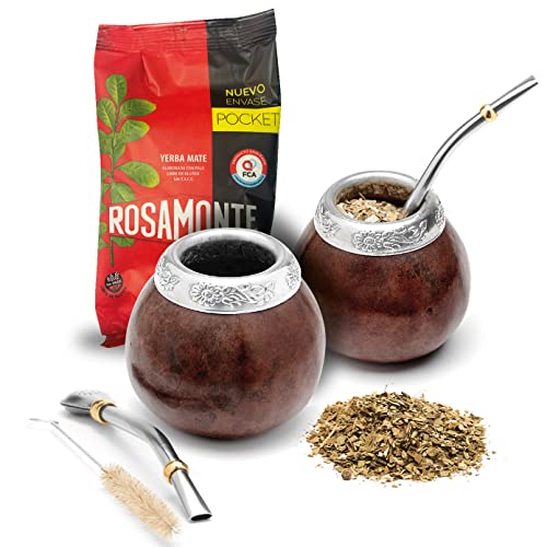 BALIBETOV Set mit 2 Yerba Mate Gourd und 1 Packung mit 100g Yerba Mate – Yerba Mate Cup Argentinien – 2 Mate Tassen, 2 Bombilla, 1 Reinigungsbürste, 1 lose Yerba Mate Tasche (DUNKLE BRAUNEE) von balibetov