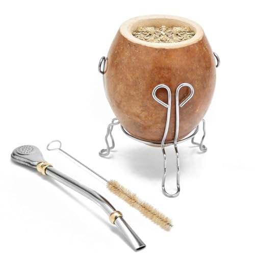 BALIBETOV Yerba Mate Kürbis-Set – Original natürliche handgefertigte Yerba Mate Tasse Argentinien – inklusive Mate Teetasse mit Basis, Bombilla (Yerba Mate Straw) und Clean Brush (Formosa Gourd Base3) von balibetov