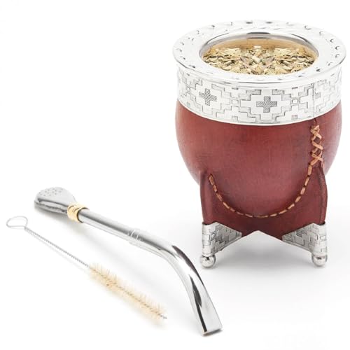 BALIBETOV Yerba Mate Natural Gourd Teetassen-Set (Original Traditional Mate Cup) | Inklusive 1 Bombilla & Reinigungsbürste I Natural Handmade Mate Gourd I The Rioja Mate Set (Braun) von balibetov