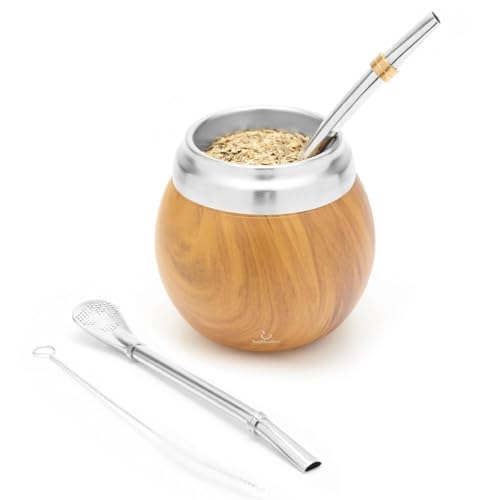 Yerba Mate Set - Modernes Yerba Mate Gourd Kit - Edelstahl mit Calabash Form und Bombilla - Einfach zu reinigen (Holz) von balibetov