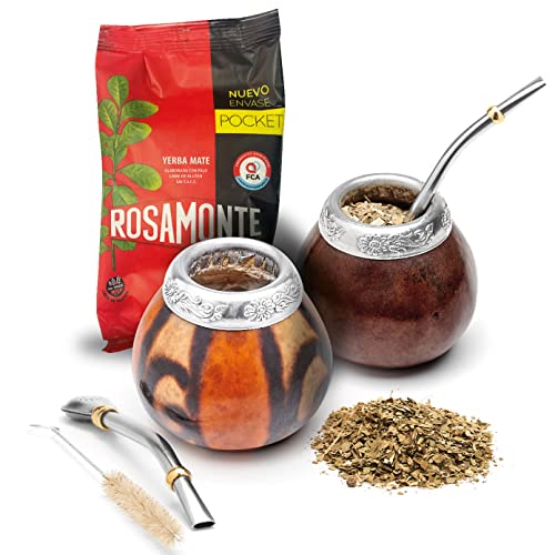 balibetov Set mit 2 Yerba Mate Gourd und 1 Packung mit 100g Yerba Mate – Yerba Mate Cup Argentinien – 2 Mate Tassen, 2 Bombilla, 1 Reinigungsbürste, 1 lose Yerba Mate Tasche von balibetov