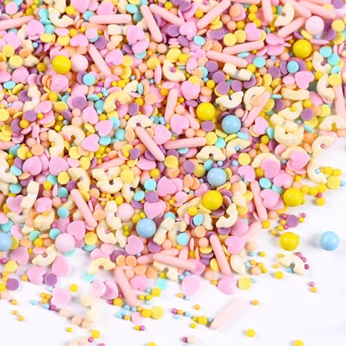 Essbare Streusel für Kuchen Verzieren 120g Rosa Herz Streusel Topper Cookie Regenbogen Kuchen Streusel Nonparels Zucker Perle für Cupcakes Süßigkeiten Eis Schokolade von bayep