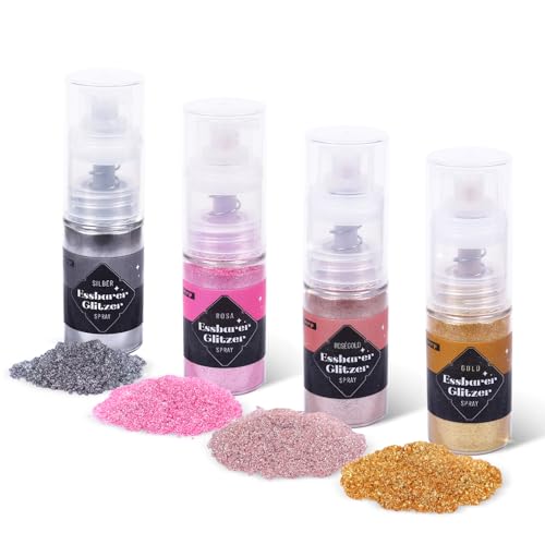 Essbares Glitzer Spray 5g x 4 Farben Lebensmittel Glitzer für Getränke, Glitzerpulver Spray Geschmacksneutrales Lebensmittelfarbe Pulver, Glitzerpuder für Torten, Champagner, Kuchen, Fondant, Cocktail von bayep