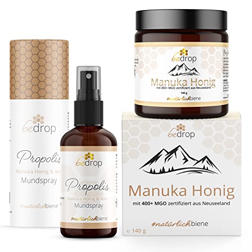 bedrop | Echtes Manuka Set, Manuka Honig MGO400+ & Manuka Propolis Anis Halsspray Spray Mundspray zum Sparpreis von bedrop