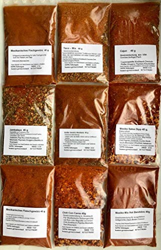 Cajun , Taco - Mix , Chili Con Carne , Mexiko Salsa Dipp extra scharf , 9 tlg. Gewürzset für die Mexikanische Küche von bennos gewuerzstand