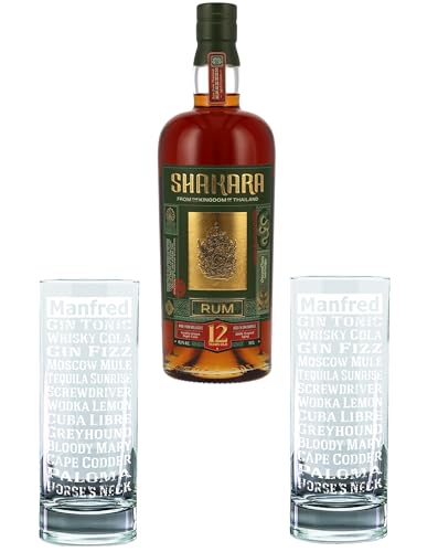 Geschenkset 2 Gläser + 1 Flasche Rum, personalisierte lasergravierte Geschenkidee Ihr Text gravierte Rumgläser, Geschenkbox (LongDrink Design14, 290ml LongDrink Glas, Shakara Rum 45,7% Vol) von bick.shop