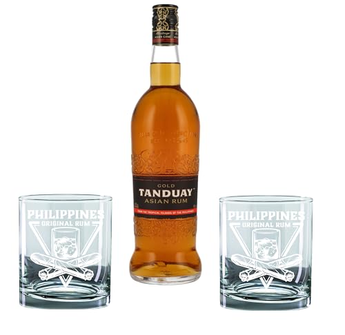 Geschenkset 2 Gläser + 1 Flasche Rum, personalisierte lasergravierte Geschenkidee Ihr Text gravierte Rumgläser, Geschenkbox (PhilippinesRumDesign, 200ml RumGlas, Tanduay GOLD) von bick.shop