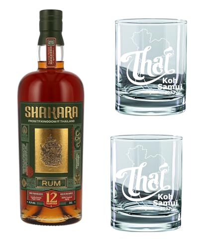 Geschenkset 2 Gläser + 1 Flasche Rum, personalisierte lasergravierte Geschenkidee Ihr Text gravierte Rumgläser, Geschenkbox (Thai-Design11, 200ml RumGlas, Shakara Rum 45,7% Vol) von bick.shop