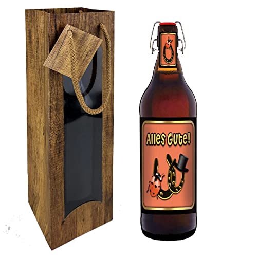 Alles Gute Bier - 1 Liter Pils Bügelflasche (mit Tragetasche im Holzdesign) von bierundmehr