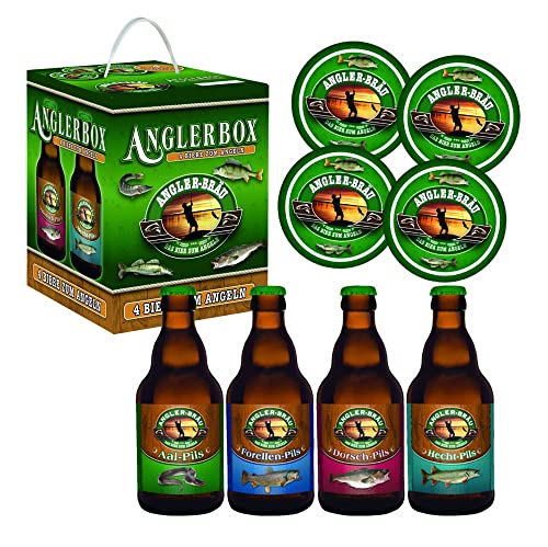 Bierwürfel Angler 4 x 0,33l mit 4 Sammler-Bierdeckeln von bierundmehr