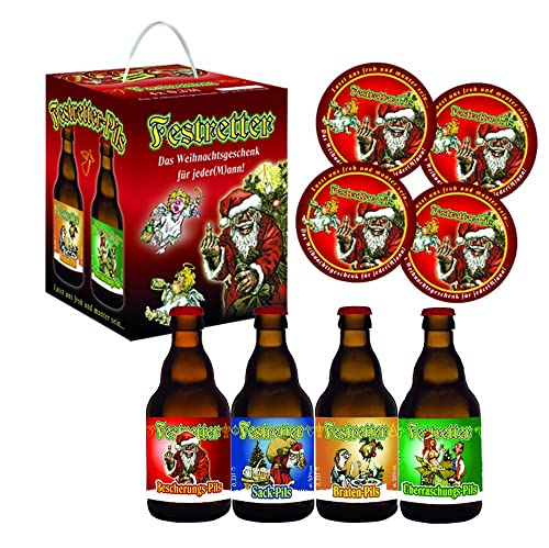 Weihnachts Festretter Bier im 4er Würfel mit Sammler-Bierdeckel Bierundmehr von bierundmehr