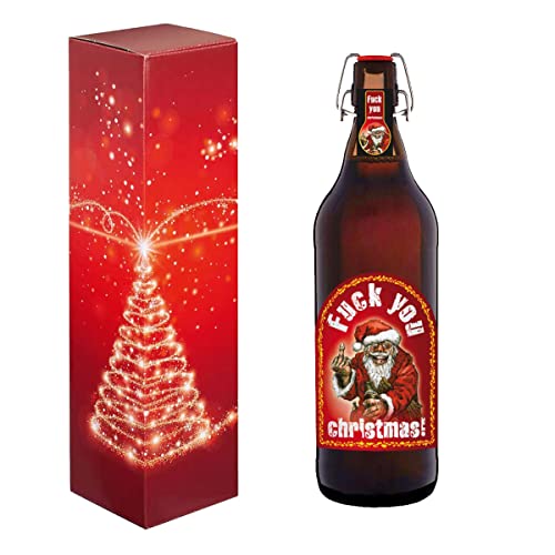 Fuck you Christmas 1 Liter Flasche mit Bügelverschluss (mit Geschenkdose im Schleifendesign) von bierundmehr