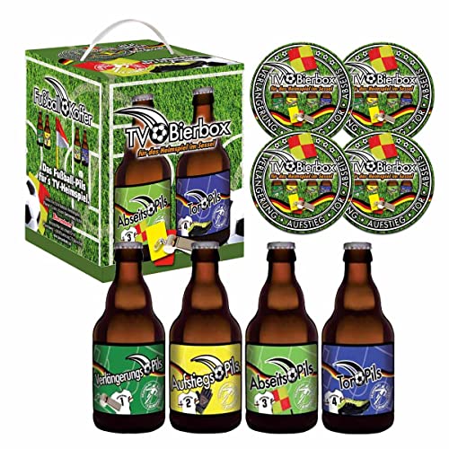 Fußball 4er Bierwürfel mit 4x 0,33l Pils und 4 Sammler Bierdeckel von bierundmehr