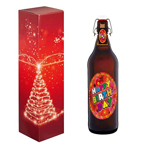 Happy Birthday 1 Liter Flasche mit Bügelverschluss (mit Geschenkebox im Weihnachtsdesign) von bierundmehr