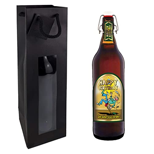 Happy Birthday 1 Liter Flasche mit Bügelverschluss (mit Tragetasche in schwarz) (mit Tragetasche in schwarz) von bierundmehr