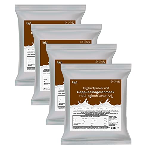 bijo Joghurtpulver mit Geschmack 4er Set - Cappuccino griechischer Art - Selbermachen (ergibt 4 kg Joghurt) - Joghurtpulver für Joghurtbereiter - 230g Joghurtpulver je Sachet - kurzes MHD von bijo