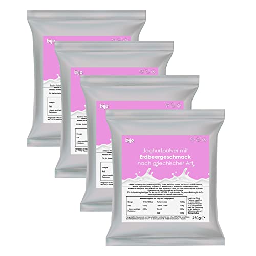 bijo Joghurtpulver mit Geschmack 4er Set - Erdbeere griechischer Art - Selbermachen (ergibt 4 kg Joghurt) - Joghurtpulver für Joghurtbereiter - 230g Joghurtpulver je Sachet - kurzes MHD von bijo