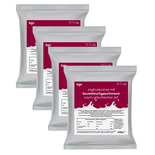 bijo Joghurtpulver mit Geschmack 4er Set - Sauerkirsch griechischer Art - Selbermachen (ergibt 4 kg Joghurt) - Joghurtbereiter - 230g Joghurtpulver je Sachet - kurzes MHD von bijo