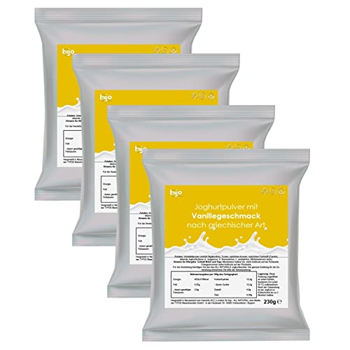 bijo Joghurtpulver mit Geschmack 4er Set - Vanille griechischer Art - Selbermachen (ergibt 4 kg Joghurt) - Joghurtpulver für Joghurtbereiter - 230g Joghurtpulver je Sachet - kurzes MHD von bijo