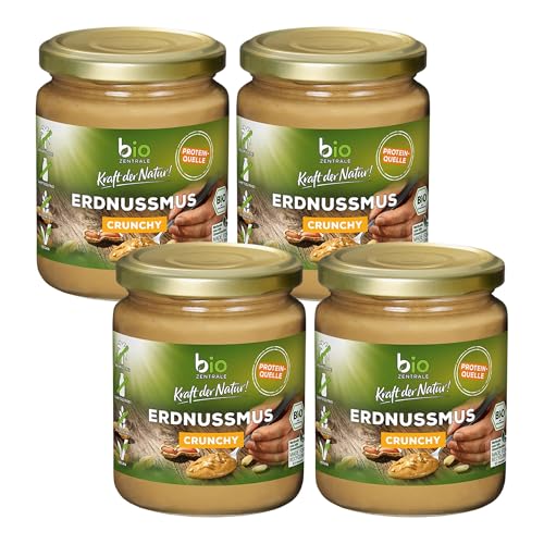 Biozentrale Erdnussmus Crunchy - 4x250g (4er Pack) Erdnussbutter - vegane, glutenfreie Proteinquelle - ohne Palmöl - crunchige Peanut Butter für Brot und Smoothie von bioZentrale