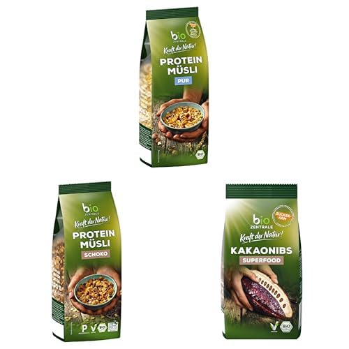 Biozentrale Müsli Mix Pack - Müsli Protein - Pur (3x) - Schoko (3x) - Kakao Nibs (3x) - Hoher Ballaststoffgehalt - Für einen guten Start in den Tag von bioZentrale