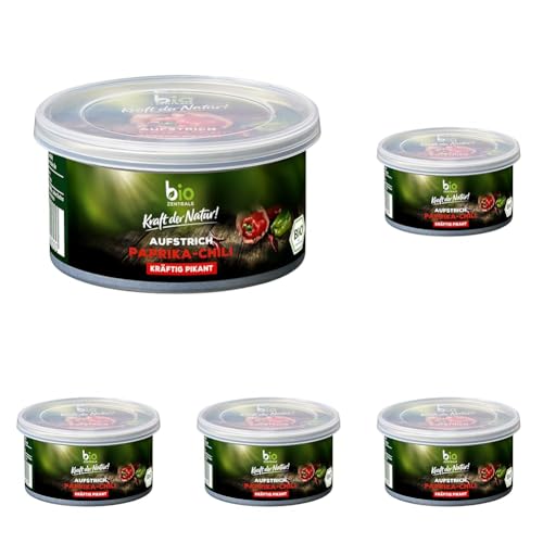 biozentrale Aufstrich Paprika-Chili | 125 g | vegan, gluten- und laktosefrei | kräftig pikanter Brotaufstrich mit Nährhefe | lecker auf Brot, Reis- & Maiswaffeln sowie Knusperbrot (Packung mit 5) von bioZentrale