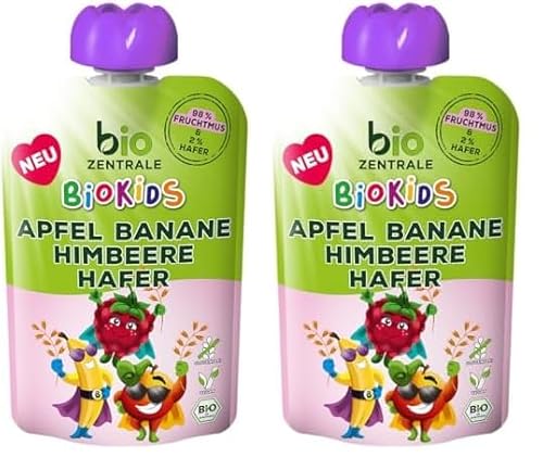 biozentrale BioKids Fruchtmus Apfel Banane Himbeere Hafer | 12 x 90g | Fruchtiger Snack ohne Zuckerzusatz | Vegan (Packung mit 2) von bioZentrale