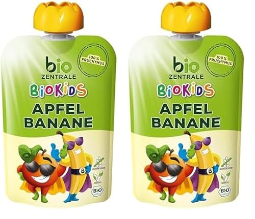 biozentrale BioKids Fruchtmus Beutel Apfel-Banane | 12x 90 g Früchte | Quetschbeutel & Quetschies mit 100% Frucht | Idealer Früchtebrei & Fruchtpüree ohne Zuckerzusatz (Packung mit 2) von bioZentrale