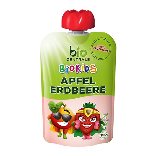 biozentrale BioKids Quetschies Apfel-Erdbeere | 12x 90 g Früchte | Quetschbeutel & Quetschies mit 100% Frucht | Fruchtmus ohne Zuckerzusatz von bioZentrale