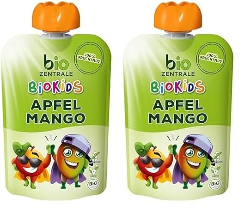 biozentrale BioKids Fruchtmus Beutel Apfel-Mango | 12x 90 g Früchte | Quetschbeutel & Quetschies mit 100% Frucht | Idealer Früchtebrei & Fruchtpüree ohne Zuckerzusatz (Packung mit 2) von bioZentrale