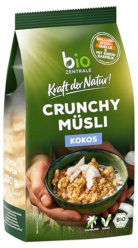 biozentrale Crunchy Müsli Kokos | 6x375g | Knuspriges Vollkorn-Müsli | Mit saftigen Kokosraspeln | Ohne Rosinen | Hoher Ballaststoffgehalt | Perfekt zum Frühstück & als Snack | Recycelbare Verpackung von bioZentrale