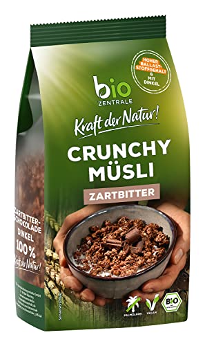 biozentrale Müsli Crunchy Zartbitter | 375 g knuspriges Bio Müsli | mit veganer Zartbitterschokolade | ohne Rosinen | palmölfrei | Ballaststoffquelle von bioZentrale
