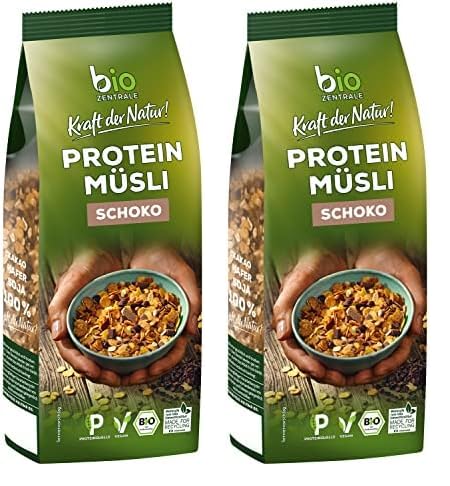 biozentrale Müsli Protein Schoko, 375 g veganes Bio-Müsli mit Sojaflocken, Hafer & Schoko, hoher Ballaststoffgehalt, hoher Proteingehalt (Packung mit 2) von bioZentrale