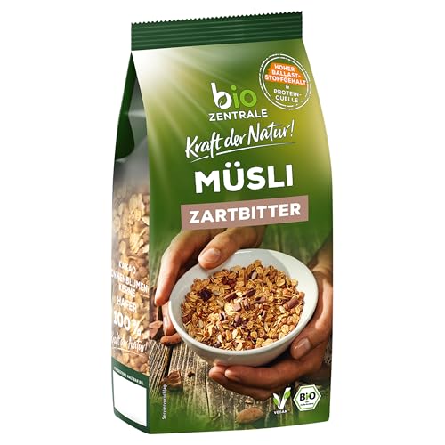 biozentrale Müsli Zartbitter | 5x500g | Mit Kakaonibs & Zartbitterschokolade | Knusprige Vollkornhaferflocken | Hoher Ballaststoffgehalt & Proteinquelle | Vegan | Ohne Rosinen | Recycelbare Verpackung von bioZentrale