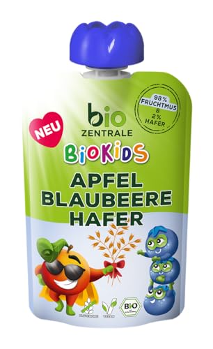 biozentrale BioKids Fruchtmus Apfel Blaubeer Hafer | 12 x 90g | Veganer Frucht-Hafer-Snack | Ohne Kristallzuckerzusatz von bioZentrale