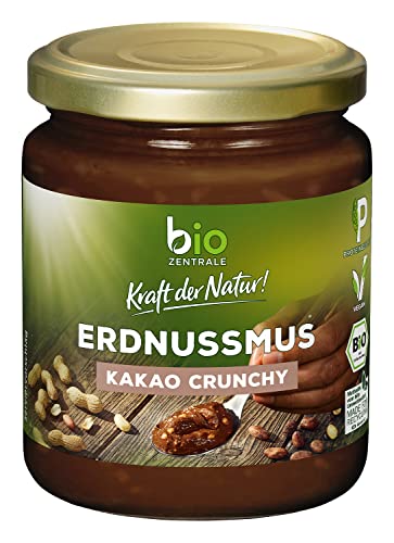 Biozentrale Erdnussmus Crunchy Kakao | 6 x 250 g Peanuts Creme | vegan, glutenfreie Protein Quelle | Nussmus ohne Palmöl | Peanut Butter für Müsli, Frisch geröstete Erdnüsse von bioZentrale