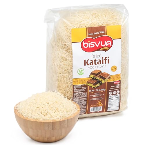 BISVUA Premium Getrockneter Kataifi 500g (17,6 oz) – Perfekt für virale Dubai-Schokoriegel, mit Pistazien gefüllte Desserts, Knafeh, Kunafa und orientalisches Gebäck – Kataifi zerkleinerter Filoteig von bisvua