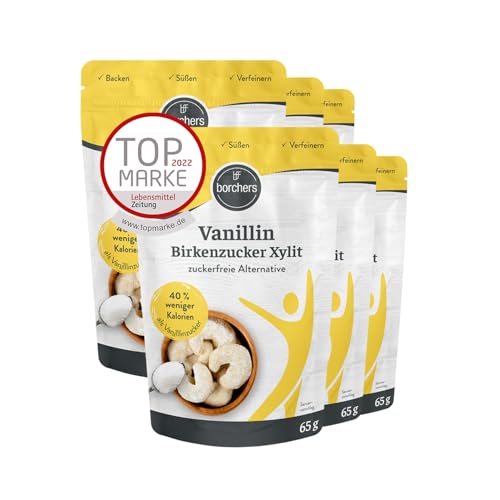 BORCHERS Vanillin Xylit, Alternative für Vanillezucker 6x 65g, auf Grundlage von Xylit, weniger süß, kalorienreduziert & zuckerfrei, Zuckerersatz, Süßungsmittel, Zuckeralternative von borchers