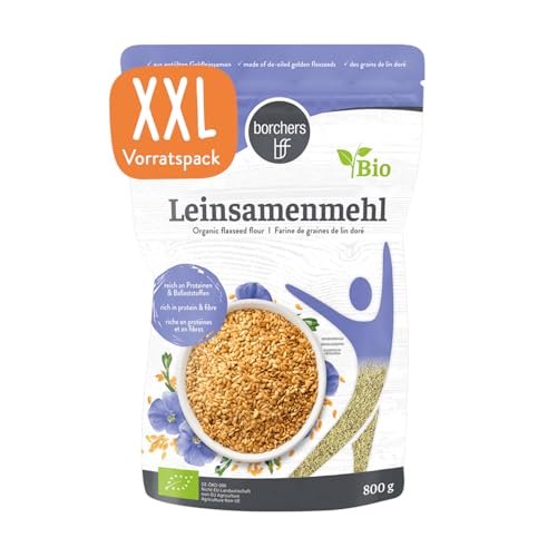 BORCHERS Leinsamenmehl Bio 800g, Mehl auf Goldleinsaat, ballaststoffreich & proteinreich, von Natur aus vegan, ohne Zusätze, in Bio-Qualität, low carb, zum Backen von borchers