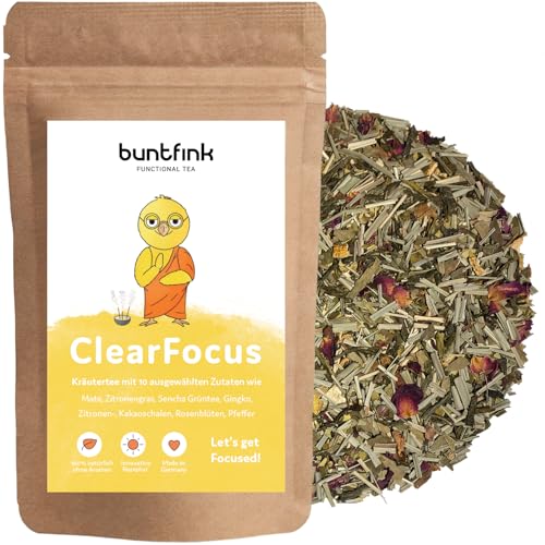 Buntfink "ClearFocus" Sencha Grüntee + Kurkuma + Ginkgo + schwarzer Pfeffer für Schule, Arbeit und Studium, 100% natürlicher loser Tee 60g von buntfink