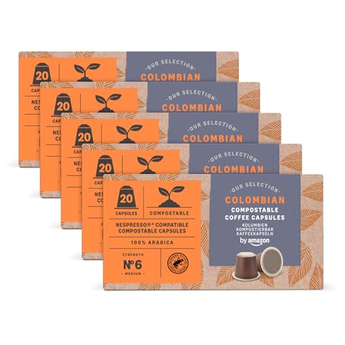 by Amazon Kompostierbare Kaffeekapseln, kompatibel mit Nespresso, 100% Kolumbianische Arabica, 20 Stück - Rainforest Alliance-zertifiziert von by Amazon