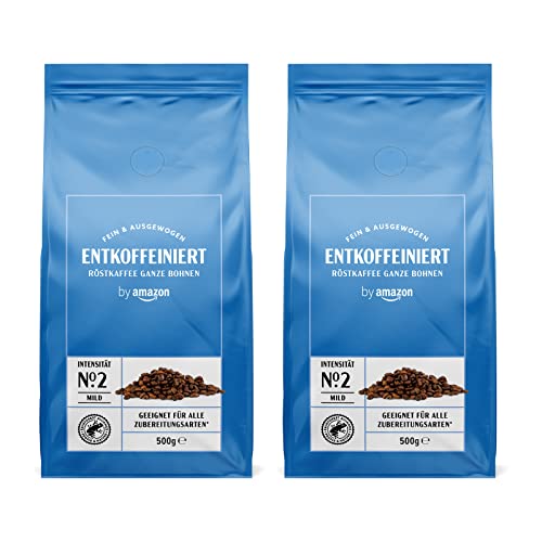 by Amazon Entkoffeinierte Kaffeebohnen Decaffeinato, Leichte Röstung, 1 kg (2 Packungen mit 500g) – Rainforest Alliance-Zertifizierung (Früher Marke Happy Belly) von by Amazon