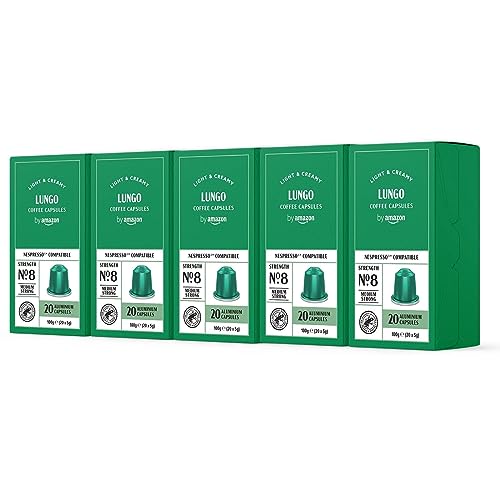 by Amazon Lungo Aluminium-Kaffeekapseln, kompatibel mit Nespresso, mittelgeröstet, 100 Stück (5 Packungen mit je 20 Stück) – Rainforest Alliance zertifiziert von by Amazon