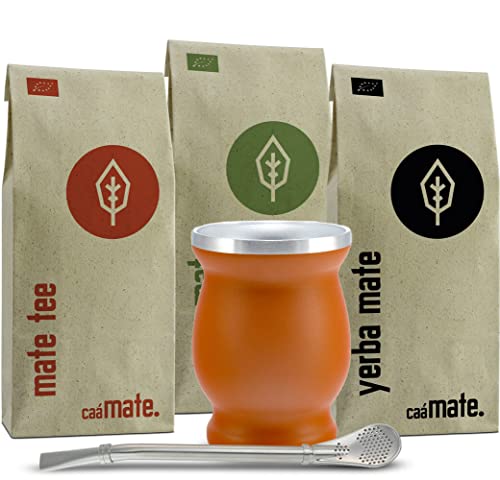 Mate Tee Set Bio ● 3 Matesorten + doppelwandiger Edelstahl Matebecher + Bombilla + Zubereitungsanleitung (rot) von caámate.